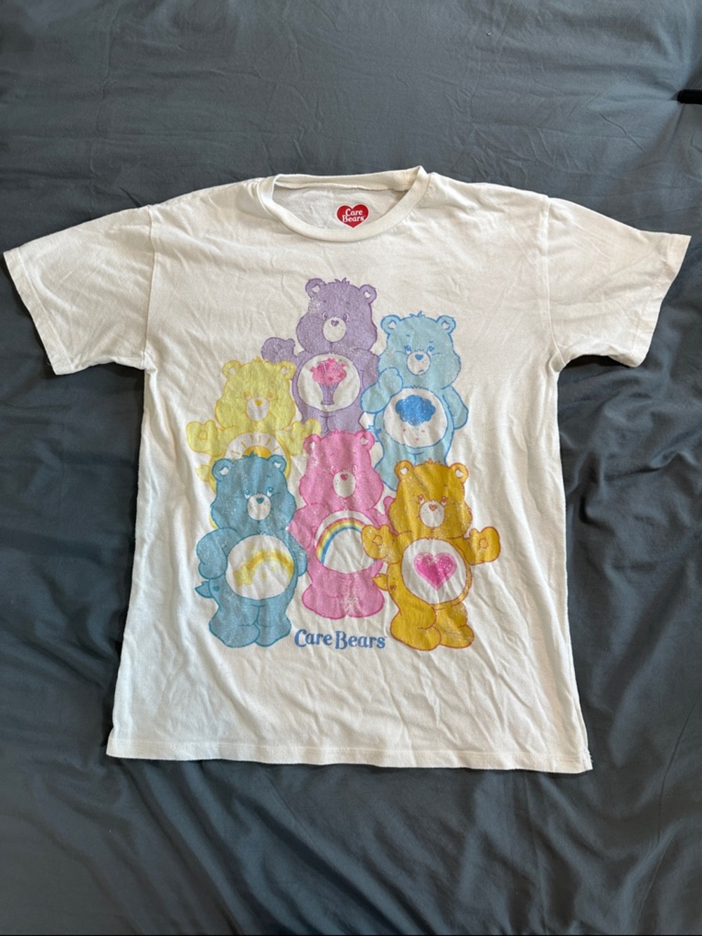 Care Bears White Tee with Pastel Blue Pink Yellow Purple Bears (M)